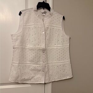 CJ Banks White Sleeveless Eyelet Button-Front Blouse